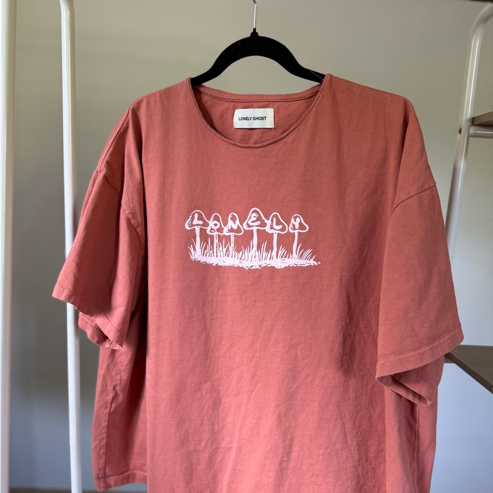 Lonely Ghost Boxy Rusty Mauve Short Sleeve Tee w/ Mushroom Design